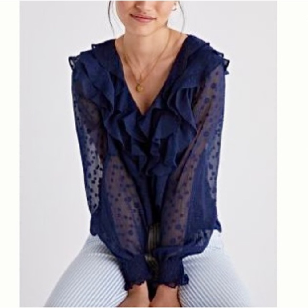 Anthropologie Hutch Long Sleeve Navy Ruffle V-Neck Blouse